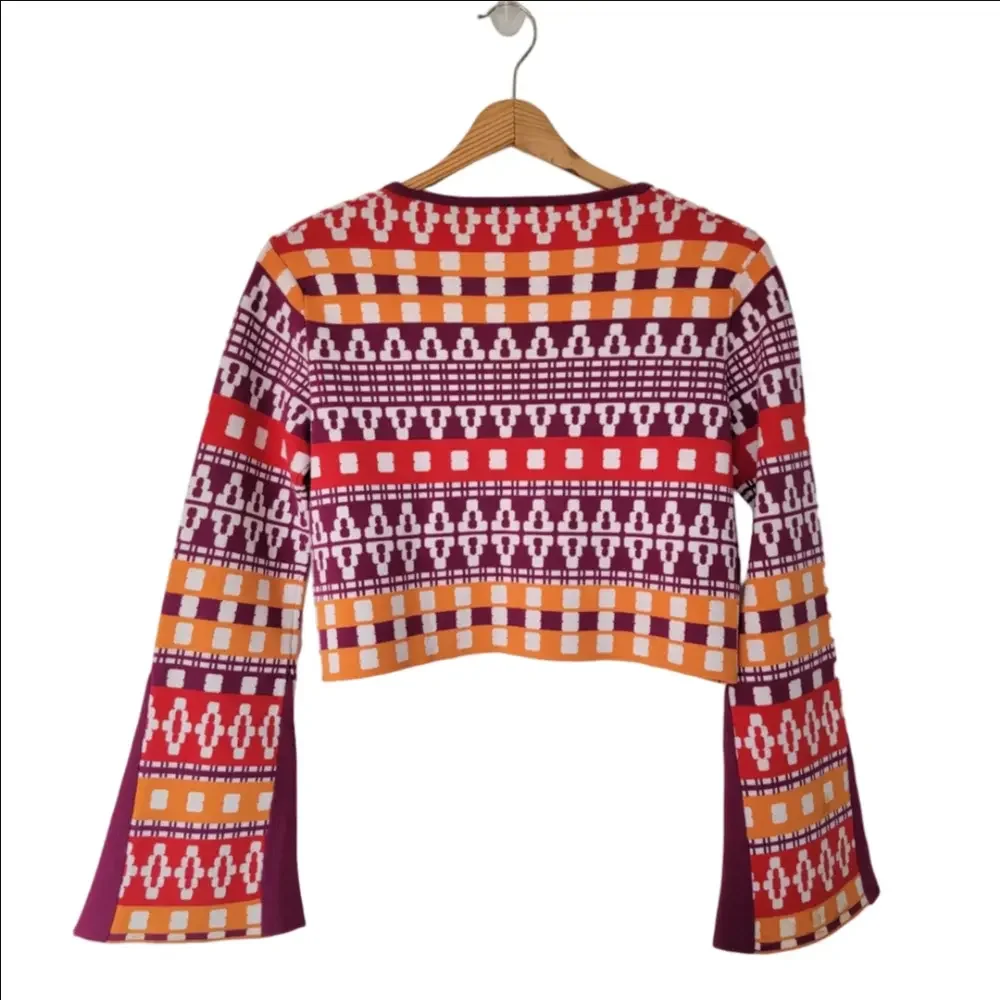 Colorful Patterned Cropped Sweater Top - Red, Purple & Orange